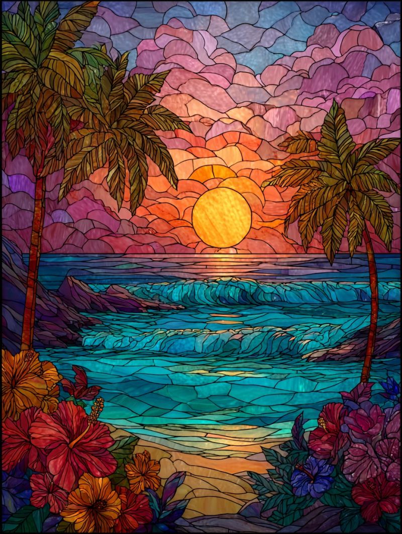 Tropical beach sunset flowers ocean waves sky colorful nature decorative mosaic pattern stained glass palm trees vibrant stained glass window scene. sunset over a serene ocean, with the sun depicted as a large, glowing yellow circle surrounded by a gradient of warm colors like orange and pink. The sky above is a mosaic of soft, pastel hues, transitioning from pink and purple near the horizon to deeper blues and purples higher up. Two palm trees stand on either side of the window, their leaves intricately detailed in shades of green and brown. The foreground is adorned with a variety of colorful flowers, including red and purple hibiscus, adding a splash of vivid color to the scene. The ocean is depicted with gentle waves, using shades of blue and teal, reflecting the colors of the sky. The overall effect is one of tranquility and beauty, capturing the essence of a tropical sunset.