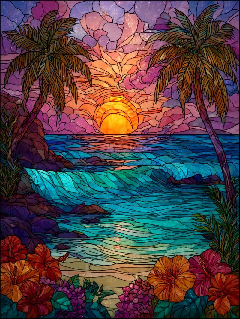 Tropical plage coucher soleil fleurs eau ocean vagues ciel nature decoratif verre palmier arbre Scène de vitrail vibrant. Coucher de soleil sur un océan serein, avec le soleil représenté en jaunes et oranges chauds. Le ciel est un mélange de violets, de roses et de bleus, créant un arrière-plan dramatique et coloré. Deux palmiers se dressent de chaque côté de la fenêtre, leurs feuilles peintes dans des nuances de vert et de brun. L'océan est représenté avec des vagues dans des nuances de bleu et de vert, reflétant les couleurs du ciel. Le premier plan est rempli de fleurs tropicales, y compris des hibiscus rouges et des fleurs violettes et roses, ajoutant une touche de couleur vibrante à la scène. L'effet global est celui de la tranquillité et de la beauté, capturant l'essence d'un coucher de soleil tropical.