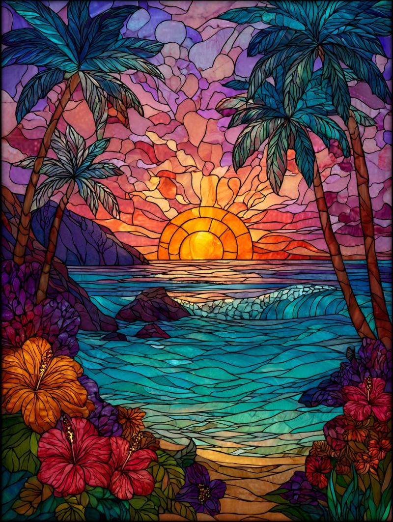 Beach colorful decor decorative design flower flowers home homemade house interior palm painting decoration improvement tree vibrant stained glass window scene. sunset over a serene ocean, with the sun depicted in warm yellows and oranges. The sky transitions into cooler purples and blues as it moves towards the horizon. Two tall palm trees are positioned on either side of the window, their leaves intricately detailed in shades of green and blue. The ocean is depicted with gentle waves, colored in shades of blue and teal. The foreground is adorned with a variety of colorful flowers, including red and orange hibiscus, and purple and pink blooms, adding a touch of tropical beauty to the scene.