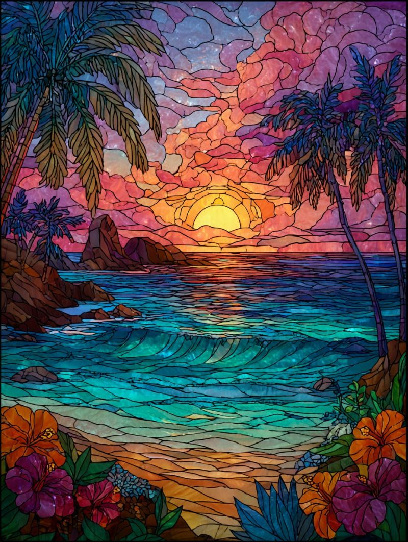 Plage colorful decor design fleur fleurs maison main interieur mosaique coucher soleil amelioration palmier arbre Scène de vitrail vibrante et colorée. Le ciel est un mosaïque de teintes chaudes, passant des violets et roses profonds en haut aux oranges et jaunes vifs près de l'horizon, où le soleil se couche. Le soleil lui-même est représenté comme un cercle jaune radieux, entouré d'un éclat de lumière qui ajoute à la lueur dorée et chaude de la scène. Sous le ciel, l'océan est d'un bleu profond et tranquille, avec de douces vagues qui ondulent à la surface. Le rivage est orné de luxuriants palmiers verts et de falaises rocheuses, ajoutant texture et profondeur au paysage. Au premier plan, il y a des fleurs vibrantes, y compris des hibiscus et d'autres fleurs tropicales, ajoutant des touches de couleur. L'effet global est de tranquillité et de beauté, capturant l'essence d'un coucher de soleil tropical.
