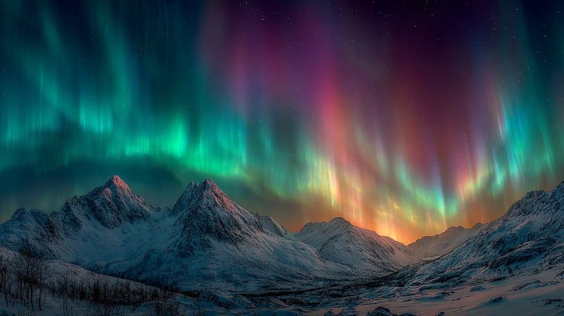 Aurora sky night mountains snow nature winter colorful atmosphere stars dark skyscape glow illumination polar northern The image showcases a breathtaking night sky filled with the Northern Lights, also known as the Aurora Borealis. The sky is a deep, dark blue, and the auroras dance across it in vibrant colors, including shades of green, purple, and pink. The lights create a mesmerizing, wavy pattern that stretches across the entire sky. Below the auroras, a range of snow-covered mountains is visible, their peaks silhouetted against the colorful sky. The mountains are blanketed in snow, and the landscape is serene and tranquil. The scene is set in a remote, natural environment, with the auroras illuminating the night sky and casting a magical glow over the snowy mountains.