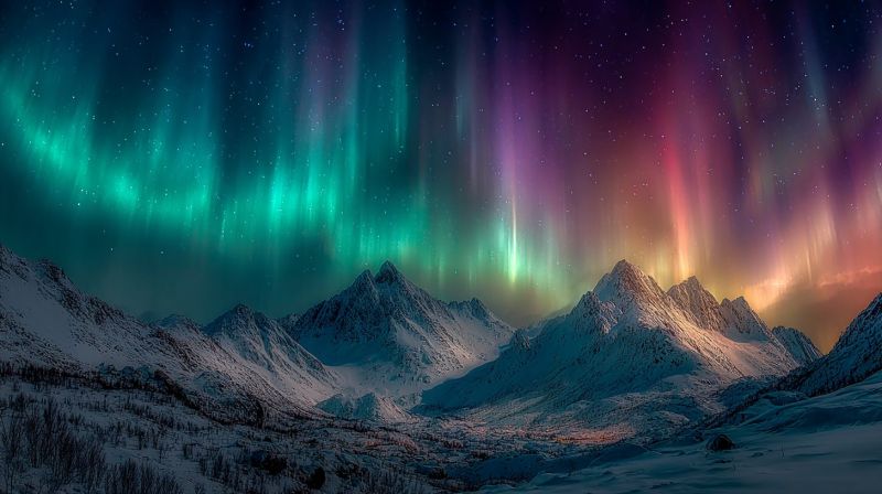 Night sky mountain snow aurora dark cloud star winter skyscape atmosphere nighttime borealis northern range breathtaking night scene of a mountainous landscape under a vibrant sky filled with the Northern Lights, also known as the Aurora Borealis. The sky is a deep, dark blue, dotted with countless stars, creating a starry backdrop. The Aurora Borealis illuminates the sky with a stunning array of colors, including shades of green, purple, pink, and red, which dance and shimmer across the sky. The colors seem to flow and ripple, creating a dynamic and mesmerizing effect. Below the sky, a range of snow-covered mountains stretches across the horizon, their peaks and ridges outlined against the colorful sky. The snow on the mountains reflects the light from the Aurora Borealis, adding to the magical atmosphere of the scene. The foreground is also blanketed in snow, with some patches of bare ground visible, and the entire landscape is bathed in the soft, ethereal glow of the Northern Lights.