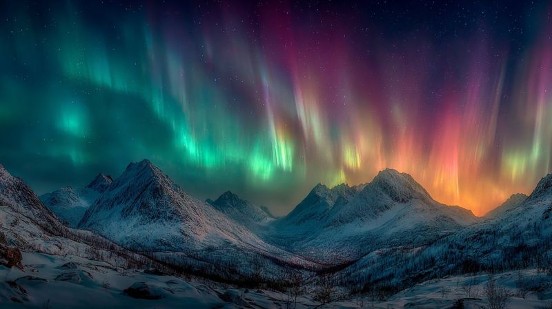 Aurora sky night mountains snow nature weather atmosphere dark reflection ice trees rocks hills valley horizon northern The image showcases a breathtaking night scene with the Aurora Borealis, or Northern Lights, illuminating the sky. The sky is a deep, dark blue, dotted with numerous stars. The Aurora Borealis appears as a vibrant display of colors, including shades of green, purple, and pink, stretching across the sky in wavy, flowing patterns. The lights seem to dance and shimmer, creating a magical and ethereal atmosphere. Below the sky, a range of snow-covered mountains is visible, their peaks and slopes blanketed in white snow. The mountains are rugged and majestic, with some parts of them appearing darker due to the shadows cast by the lights. The overall scene is serene and awe-inspiring, capturing the beauty of nature's light show.