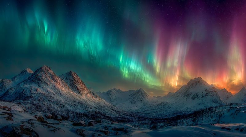 Aurora montagnes neige nature hiver ciel atmosphere sombre nuages reflexion glace rochers vallee horizon nordique nuit L'image présente un ciel nocturne à couper le souffle rempli d'Aurores Boréales, également connues sous le nom de Lumières du Nord. Le ciel est d'un bleu profond et sombre, et les aurores sont vibrantes, avec des teintes de vert, de violet et de rose. Les lumières dansent et scintillent à travers le ciel, créant un effet fascinant et magique. Sous le ciel, il y a une vaste étendue de montagnes enneigées, leurs sommets poudrés de neige et leurs pentes recouvertes de blanc. Les montagnes sont rudes et majestueuses, avec un sentiment de grandeur et d'émerveillement. La scène se déroule dans une nature sauvage et intacte, sans aucun signe d'habitation ou de développement humain. L'image capture la beauté et la majesté de la nature, ainsi que le merveilleux du monde naturel.