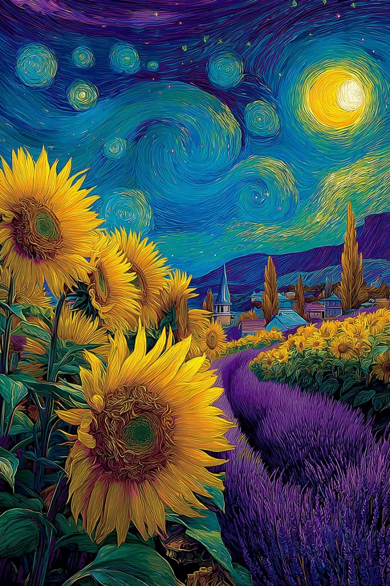 Painting sunflowers stars moon impressionism fields flowers meadow village houses trees hills mountains colorful night sky van gogh starry The painting depicts a vibrant sunflower field under a starry night sky. The sunflowers are large and bright, with yellow petals and green leaves, standing tall and proud. The sky is a deep blue, swirling with shades of purple and green, and dotted with stars and a large, glowing moon. In the background, there are houses and trees, with a church steeple visible. The foreground is filled with lavender plants, adding a touch of purple to the scene. The overall effect is one of tranquility and beauty, with the sunflowers and sky creating a stunning contrast.