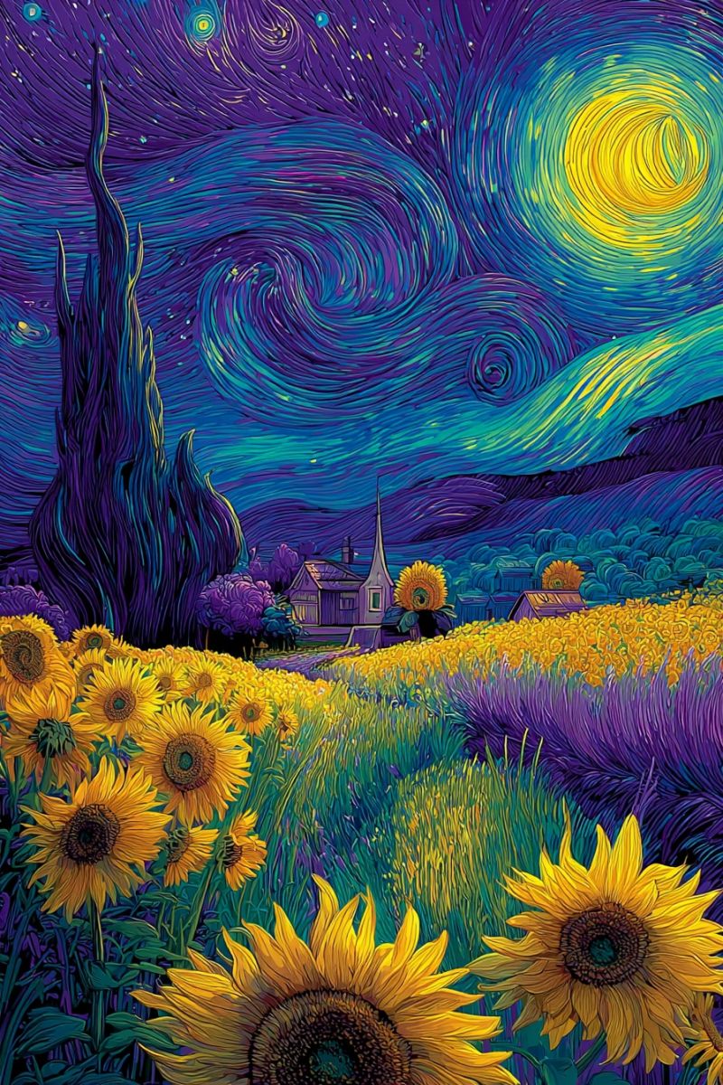 Nuit ciel etoiles tournesols champ maison arbres impressionnisme impressionniste post van gogh etoile moderne Paysage vibrant et stylisé sous un ciel nocturne. Le ciel est d'un violet profond, tourbillonnant avec des motifs jaune vif et bleu, rappelant une nuit étoilée. Un grand soleil jaune lumineux est au centre du ciel, entouré de lignes colorées tourbillonnantes. Au premier plan, il y a un champ de tournesols aux pétales jaune vif et aux centres brun foncé. Les tournesols sont grands et nombreux, créant un champ doré dense. À gauche, il y a un grand arbre tordu aux feuilles violet foncé. Au fond, il y a un petit village avec une maison et une grange, tous deux avec des toits en pente. Le village est entouré d'un paysage vert luxuriant.