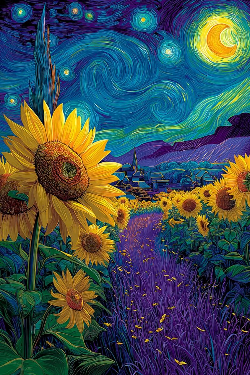 Tournesols pertinence nuit ciel etoile village lune impressionniste champs fleurs nature La peinture représente un champ de tournesols sous un ciel de nuit vibrant. Les tournesols sont grands et lumineux, avec des pétales jaunes et des centres bruns. Le ciel est d'un bleu profond avec des motifs tourbillonnants et des étoiles, et une lune croissante est bien visible. En arrière-plan, il y a des collines et un petit village avec un clocher d'église. Le premier plan est rempli d'herbe haute et violette et de plus de tournesols. L'ambiance générale est sereine et rêveuse, avec une touche de fantaisie.