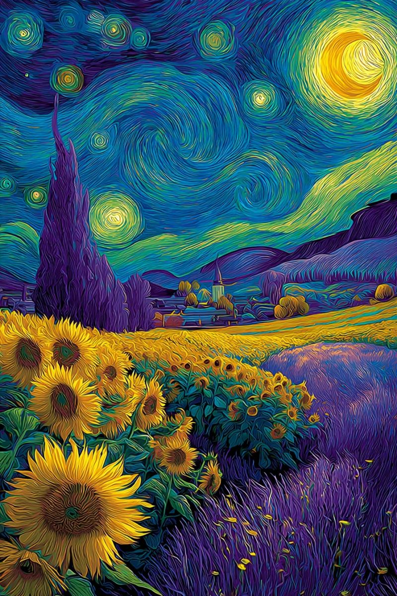 Painting night sky stars sunflowers field flowers impressionism village trees mountains yellow purple green blue colorful van gogh starry The painting depicts a vibrant night sky filled with swirling stars and a large, glowing moon. The sky is a deep blue with swirling patterns of yellow and green. In the foreground, there is a field of sunflowers with bright yellow petals and green leaves. The sunflowers are tall and numerous, creating a dense field. To the left, there is a tall, slender tree with purple leaves. In the background, there are hills and a small village with a church steeple visible. The overall scene is illuminated by the bright light of the moon, casting a soft glow over the landscape.