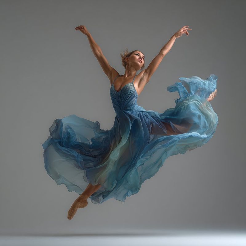 Ballet danseur performance grace expression emotion beaute flexibilite technique choregraphie costume ombre liberte Une femme est capturée en plein saut dans un gracieux élan de ballet. Elle porte une robe bleue fluide qui flotte autour d'elle, créant un sentiment de mouvement et de fluidité. Ses bras sont étendus vers l'extérieur, et ses jambes sont pliées aux genoux, un pied pointé et l'autre étendu derrière elle. Son visage est légèrement tourné sur le côté, et ses cheveux flottent librement. Le fond est d'un gris clair uniforme, offrant un contraste saisissant avec le bleu vif de sa robe.