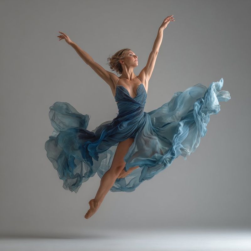 Ballet dancer performance dance grace movement expression emotion beauty creativity inspiration passion talent skill technique choreography stage thea A woman is captured mid-air in a graceful ballet leap. She wears a flowing blue dress that billows around her, creating a sense of movement and fluidity. Her arms are extended outward, and her legs are bent at the knees, with one foot pointed and the other extended behind her. Her face is turned slightly to the side, and her hair is flowing freely. The background is a plain, light gray, which contrasts with the vibrant blue of her dress, highlighting her dynamic pose.