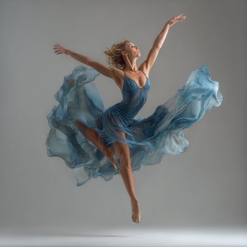Ballet dancer dance performance dress shoes costume studio rehearsal practice training technique choreography A woman is captured mid-air in a graceful ballet pose. She is wearing a sleeveless blue dress that flows around her, creating a dramatic effect as it billows out. Her arms are extended outwards, and her legs are bent at the knees, with one foot pointed and the other extended behind her. Her hair is flowing freely, and she appears to be looking upwards, possibly towards the sky. The background is a plain, light gray, which contrasts with the vibrant blue of her dress, making her stand out prominently.
