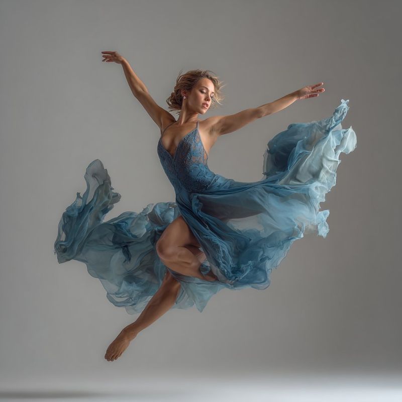 Ballet dancer dance performance grace movement expression emotion beauty creativity inspiration freedom passion talent elegance choreography stage cul A woman is captured mid-air in a graceful leap, wearing a flowing blue dress that billows around her. Her arms are extended outward, and her legs are bent at the knees, creating a dynamic and elegant pose. Her hair is slightly tousled, adding to the sense of movement. The background is a plain, light gray, which contrasts with the vibrant blue of her dress, making her stand out. The overall image conveys a sense of freedom and beauty in motion.