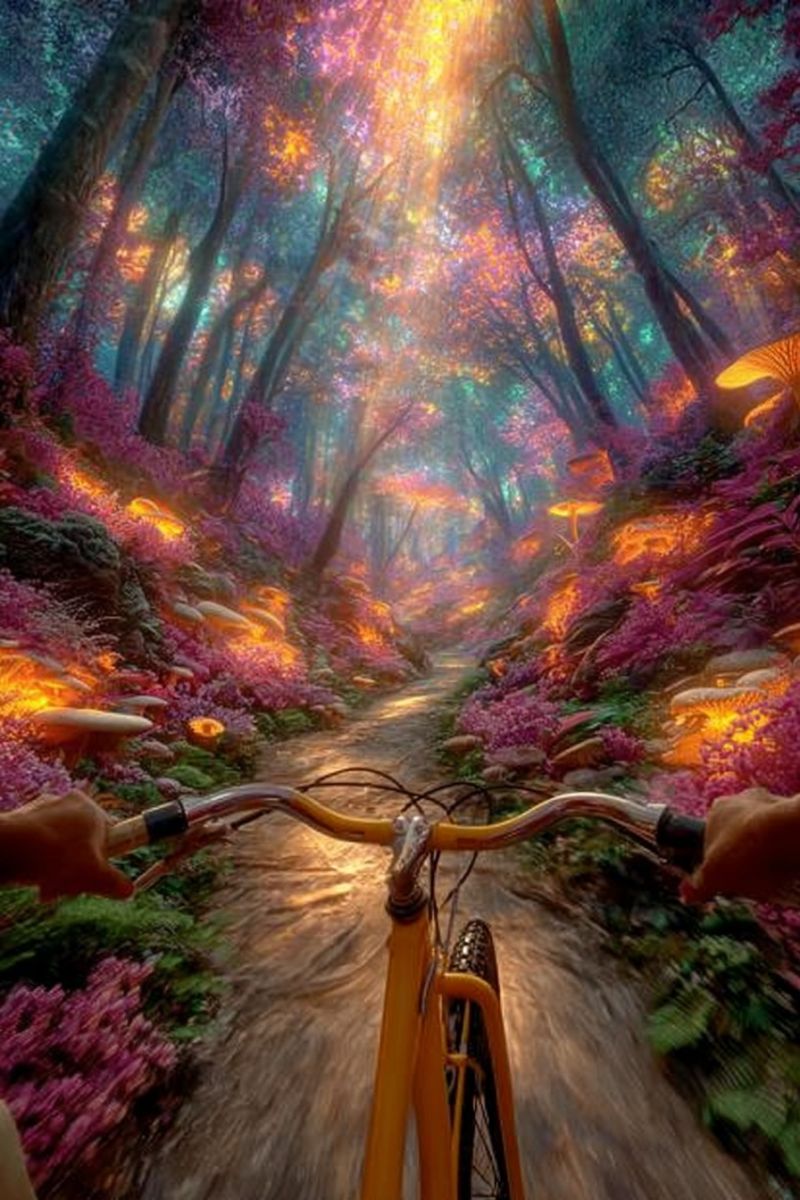 Bicycle forest path trees mushrooms flowers sunlight nature adventure exploration fantasy magic colorful glowing dreamlike painting imagination wonder A person rides a yellow bicycle through a vibrant, magical forest. The path is lined with glowing mushrooms and pink flowers. The trees are tall and lush, with leaves in shades of green, purple, and yellow. Sunlight filters through the canopy, casting a warm glow on the scene. The bicycle's handlebars are gripped by the rider's hands, and the bike's shadow is cast on the ground. The atmosphere is serene and otherworldly.