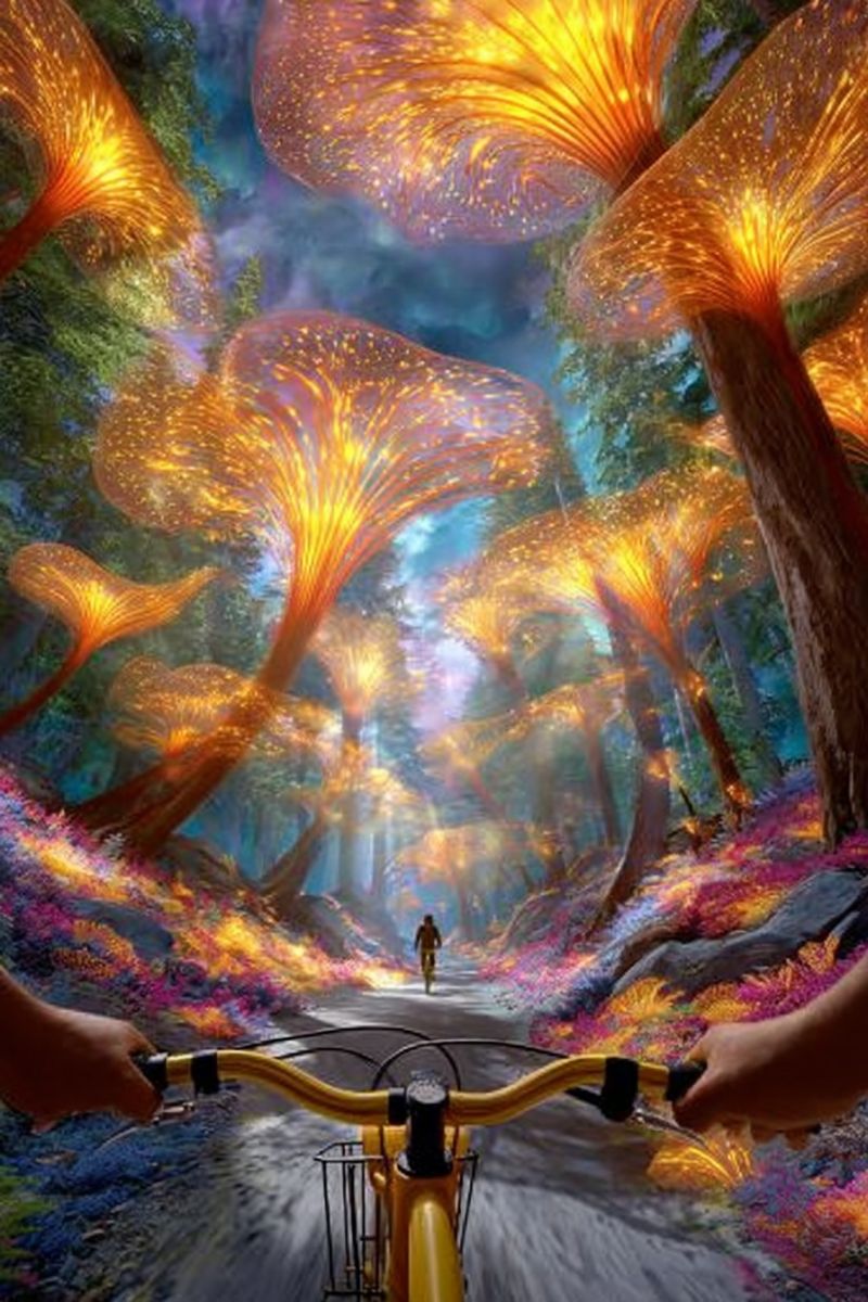 Foret sentier velo champignons arbres fleurs rochers ciel soleil ombres nature aventure exploration fantaisie Dans une forêt vibrante et surréaliste, une personne fait du vélo sur un chemin sinueux. La forêt est remplie de grands champignons lumineux qui émettent une lumière chaude et dorée. Le chemin est bordé de fleurs colorées et de verdure luxuriante. Le ciel au-dessus est d'un bleu profond, avec des touches de violet et de rose, créant une atmosphère onirique. Au loin, une autre personne marche le long du chemin, ajoutant au sentiment d'exploration et d'aventure. La scène est à la fois enchanteresse et irréelle, avec un sentiment de magie et d'émerveillement.