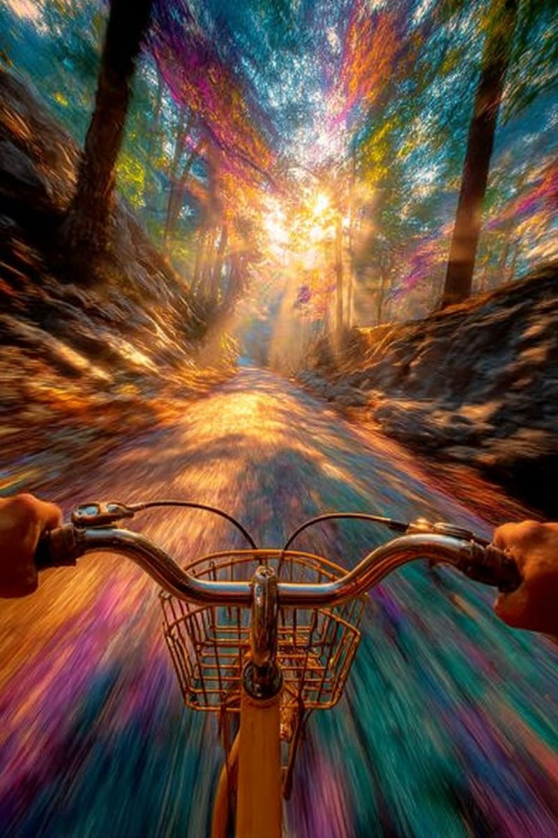 Bicycle road sunlight trees forest mountain hill sky colorful motion speed adventure journey exploration nature outdoors travel vibrant, surreal scene of a bicycle traveling down a winding road in a forest. The road is surrounded by tall trees, their leaves displaying a spectrum of colors from deep greens to bright yellows and purples. The sky above is awash with a mix of warm and cool colors, suggesting a magical or dreamlike quality. The bicycle is captured in motion, with the handlebars and front wheel blurred, giving the impression of speed. A basket is attached to the front of the bicycle, and the rider's hands are gripping the handlebars. The overall effect is one of dynamic movement and vivid, almost otherworldly colors.