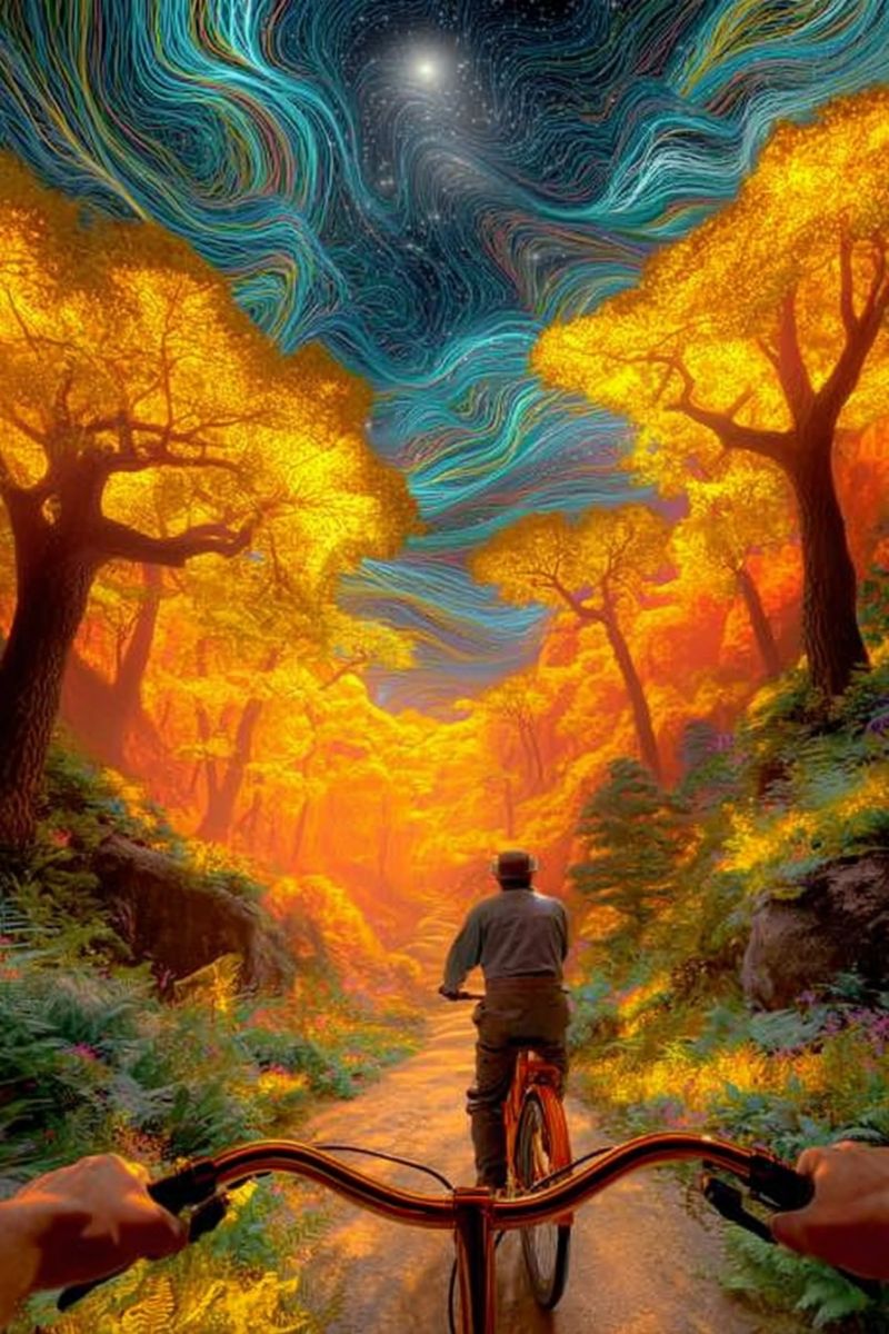 Bicycle cyclist cyclists road riding bicycles their bikes night dark starry sky A man rides a bicycle on a narrow path through a dense forest. The trees are tall and have golden leaves, creating a warm, autumnal atmosphere. The sky above is a swirling mix of blue, green, and yellow, with a bright star shining in the center. The path is surrounded by lush greenery, and the man's shadow is cast on the ground. The scene is set at night, with the man's silhouette against the vibrant sky.