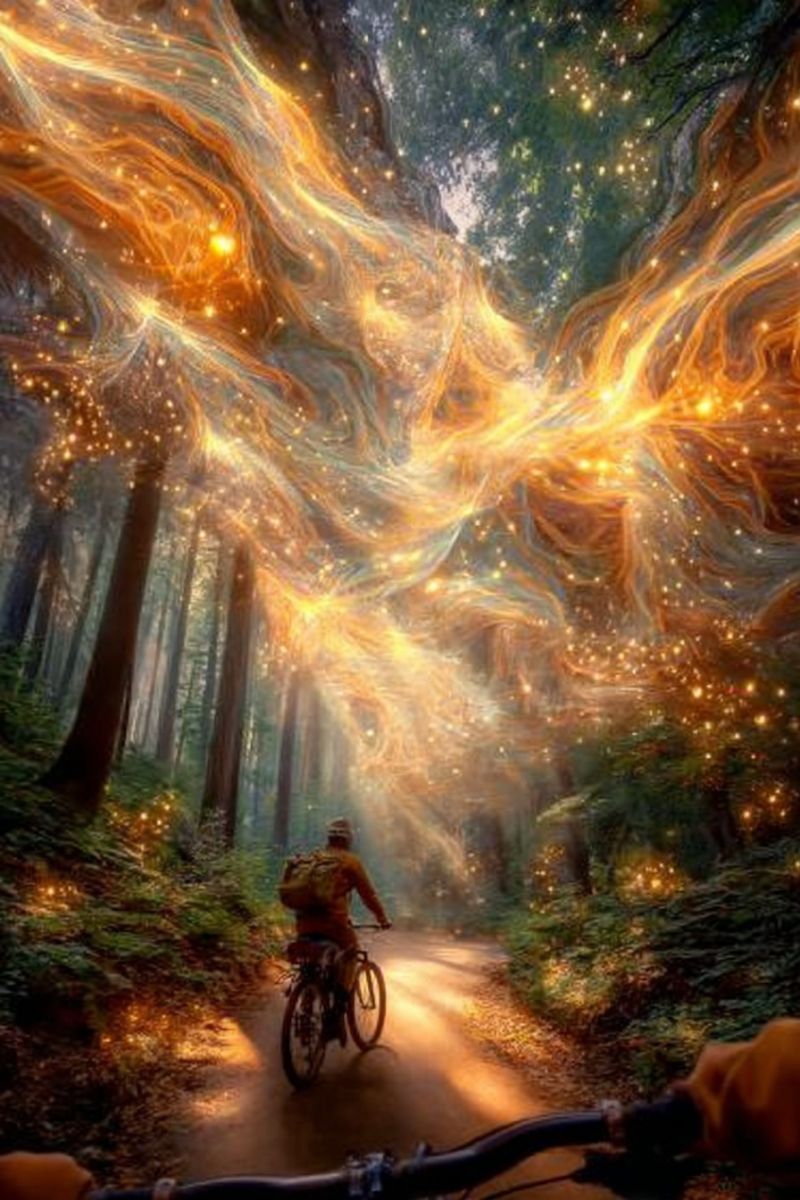 Demande bicycle cycliste cyclistes route faire velo velos leurs bicyclettes nuit moment foret arbres etoiles ciel feu artifice Une personne fait du vélo sur un chemin étroit et sinueux à travers une forêt dense. Le chemin est illuminé par une lumière chaude et dorée qui semble émaner des arbres et du sol. Les arbres sont grands et luxuriants, avec des troncs épais et une canopée qui filtre la lumière au-dessus. Le cycliste porte un chapeau et un sac à dos. L'arrière-plan est un motif abstrait tourbillonnant de teintes dorées et orangées, ressemblant à une nébuleuse ou un nuage cosmique. La scène a une qualité surréaliste et onirique, avec le cycliste qui semble rouler à travers un paysage magique et d'un autre monde.