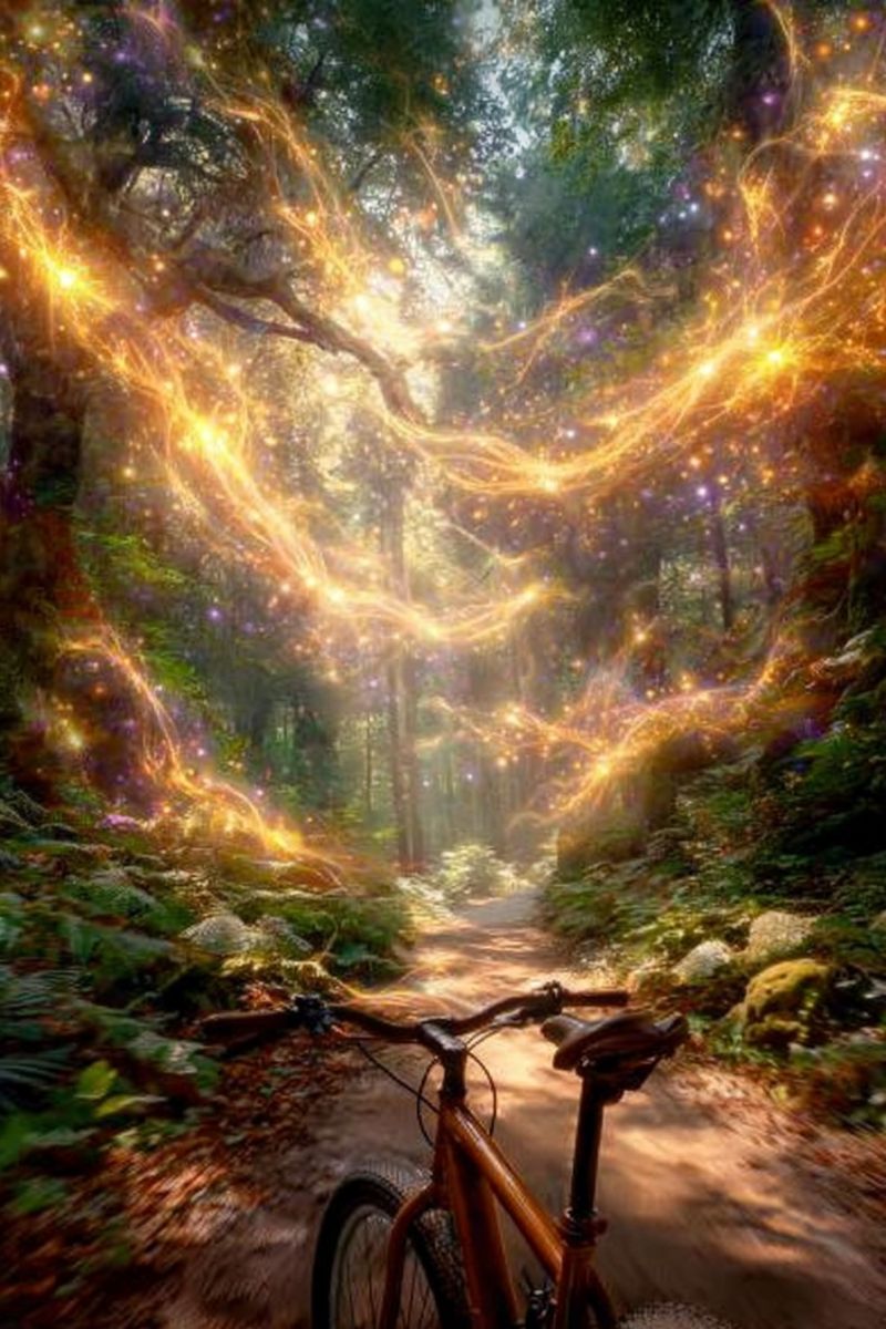 Bicycle trail forest path trees sparkles magic nature adventure exploration journey mystery wonder fantasy enchantment glow aura A bicycle is parked on a narrow, winding path in a dense forest. The path is surrounded by tall trees and lush greenery, with sunlight filtering through the leaves, casting a warm glow on the scene. The bicycle has a brown frame and a black seat, with a black handlebar and a black chain. The forest is alive with vibrant colors, as if illuminated by a magical light, with golden and purple hues blending together. The air is filled with a sense of mystery and enchantment, as if the forest is a place of wonder and adventure.