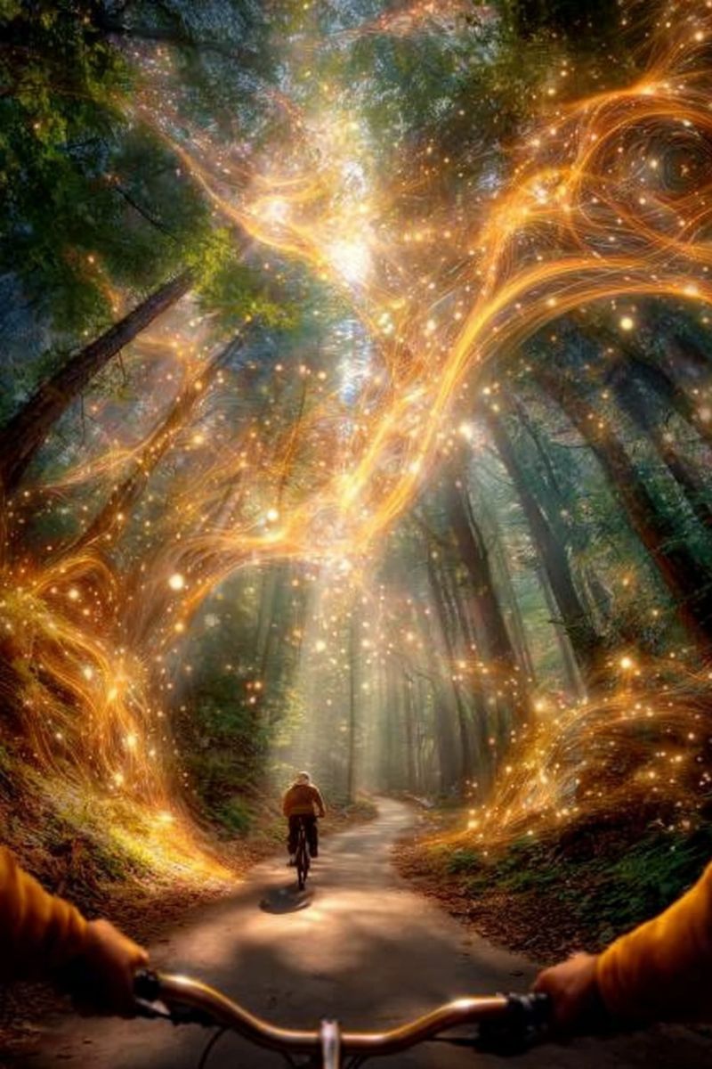 Bicycle cyclist path forest trees sparkles sunlight shadow road adventure exploration nature outdoors journey travel scenery environment A person rides a bicycle on a narrow path through a dense forest. The path is surrounded by tall trees, and the sunlight filters through the leaves, creating a warm, golden glow. The cyclist is wearing a helmet and a jacket. In the background, there is a bright, swirling light that seems to be coming from the sky, illuminating the path and the surrounding trees. The light is golden and seems to be made up of tiny, sparkling particles. The cyclist's shadow is cast on the ground, and the image has a slightly surreal and magical quality.