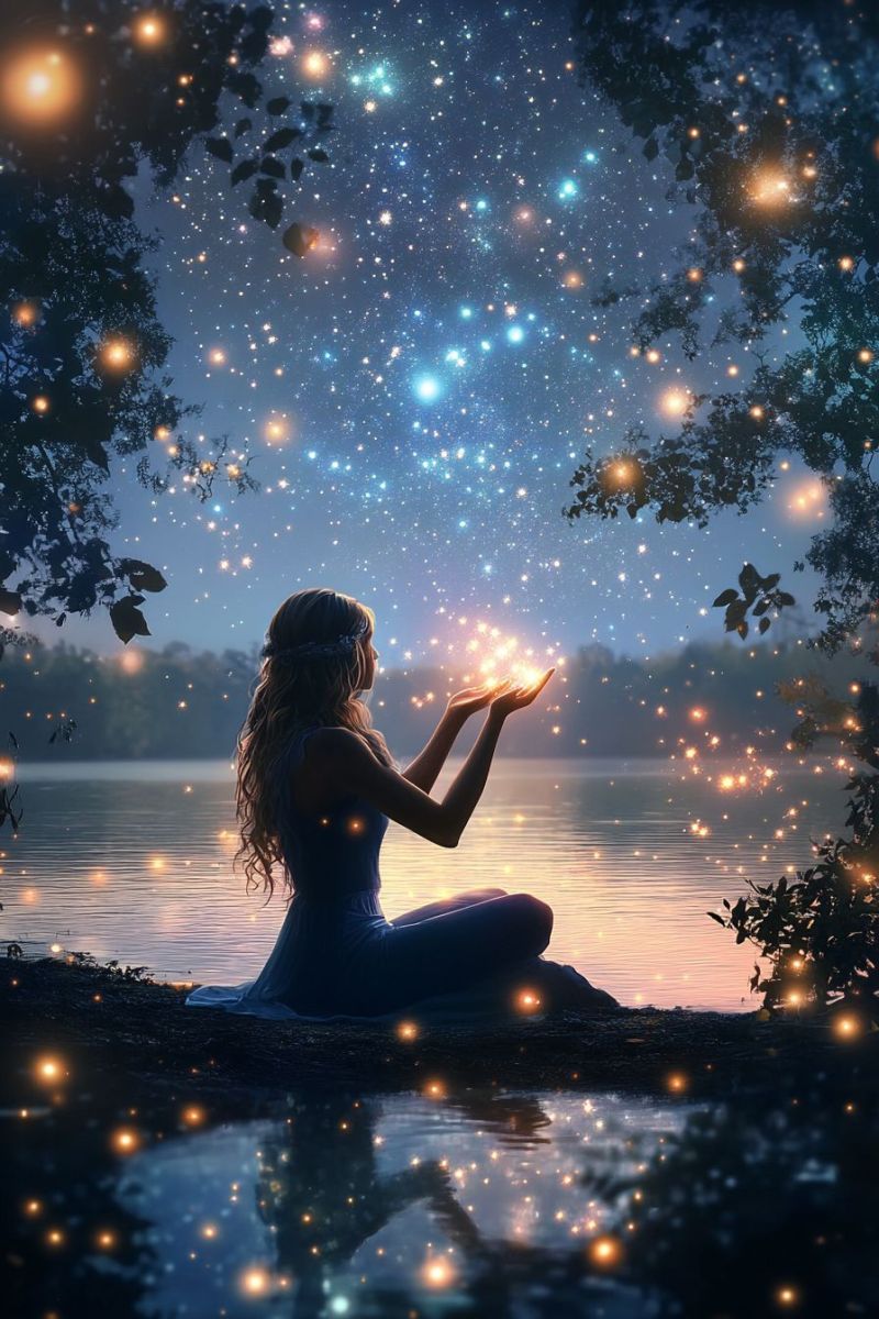 Femme assise sol devant foret ciel etoile cosmique nocturne ambiance sous nuit tenu allumette clair figur feminine entouree nature Une femme, probablement, donnant des indices sur sa posture et son habillement, s'assoit croisé-pieds sur un bords de rivière. Elle tient entre ses mains une petite sphère lumineuse qui semble être en train de s'élever dans l'air. Ses yeux sont fermés, ce qui suggère un moment d'introspection ou de célébration. Le fond présente un ciel étoilé chargé de taches brillantes et des effets cosmiques qui donnent l'impression que la lumière magique ou enchantée lui-même en provenance de sa. Il y a également une faible trace d'un décor qui pourrait être interprété comme un beau forestier à l'arrière-plan. Le scène évoque globalement des sentiments de sérénité, merveille et mysticisme.