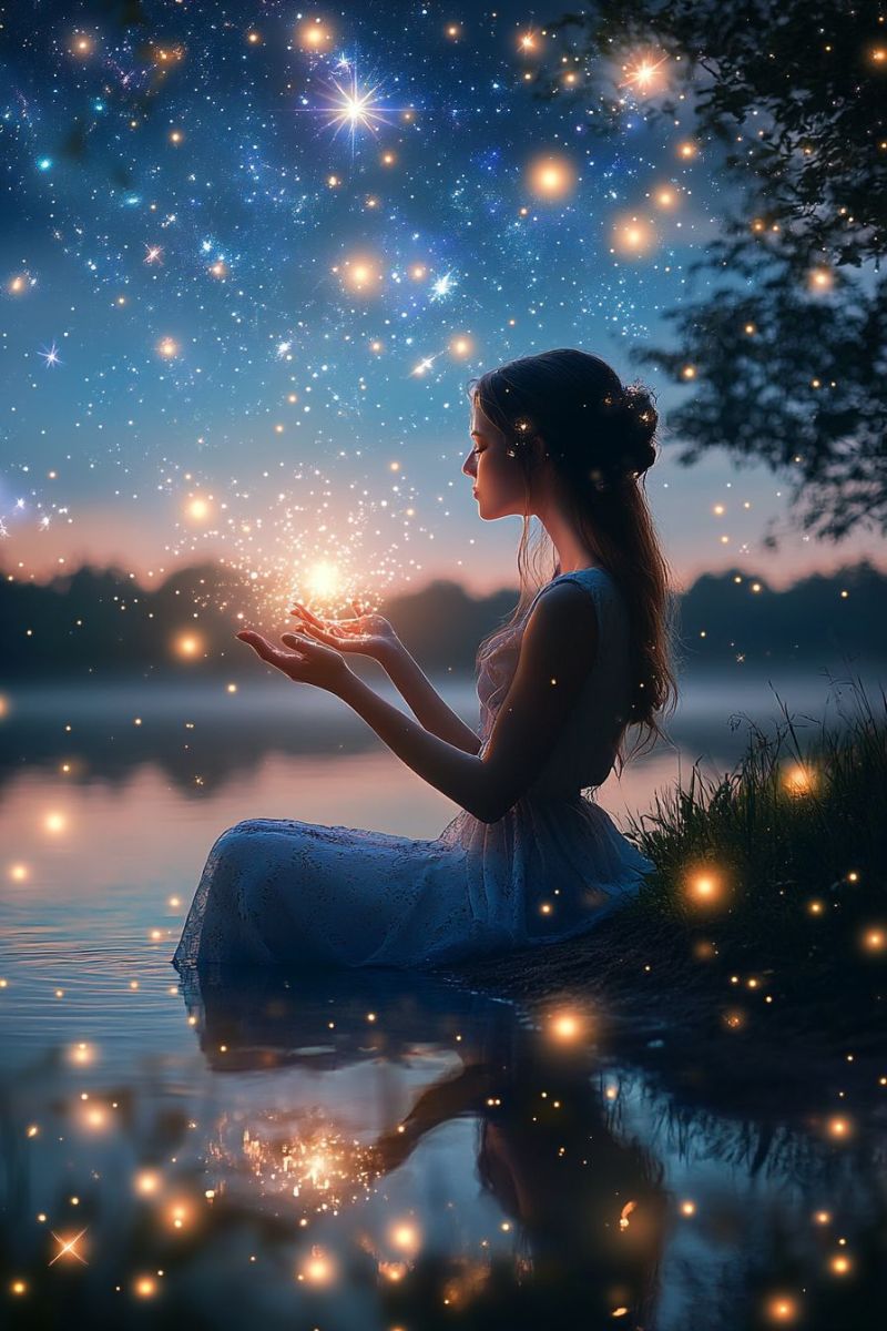 Figur feminine astrophotographie etoiles astronomie cosmique fillette foco environnement celeste Un photographie représente une scène extérieure paisible la nuit. Au centre de l'image, il y a une personne avec sa main tendue vers un objet célestin éclairé qui ressemble à une étoile ou un planète avec une effect d'obturation douce. Le regard de la personne est dirigé vers le haut et elle semble interagir avec l'objet célestin. Elle porte ce qu'il paraît être des vêtements en bleu fluide et a des cheveux longs qui tombent sur son dos. L'individuelle est assise sur une rive de rivière, ce qui donne un effet de mousse doucement beneath elle. Le fond présente un ciel nocturne clair rempli d'étoiles et de particules de poussière cosmique, contribuant à l'impression de vastesse. Il y a un lac ou une eau calme visible dans le premier plan, ajoutant à l'atmosphère paisible. La photographie est éditée pour avoir un palette de couleurs chaleureuse, principalement en tons bleus, blancs et orange avec beaucoup de bokeh autour des bords, lui donnant une qualité ethérée. L'impression générale est celle du merveilleux, de la tranquillité et de l'allégeance à la beauté de la nature.