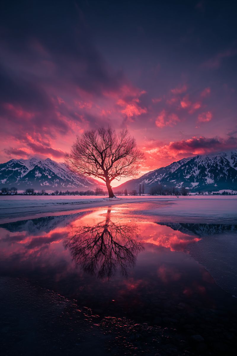 Sunset mountain reflection tree sky water nature clouds winter snow frost cold chilly outdoors scenery beauty colorful atmosphere A lone tree stands in the center of a snowy landscape, its branches bare and reaching towards the sky. The sky is a deep purple, transitioning to a fiery red near the horizon, where the sun is setting. The reflection of the sky and tree is mirrored on the calm, icy surface of a lake. In the background, snow-capped mountains rise majestically, their peaks silhouetted against the vibrant sky. The scene is serene and picturesque, capturing the beauty of a winter sunset.