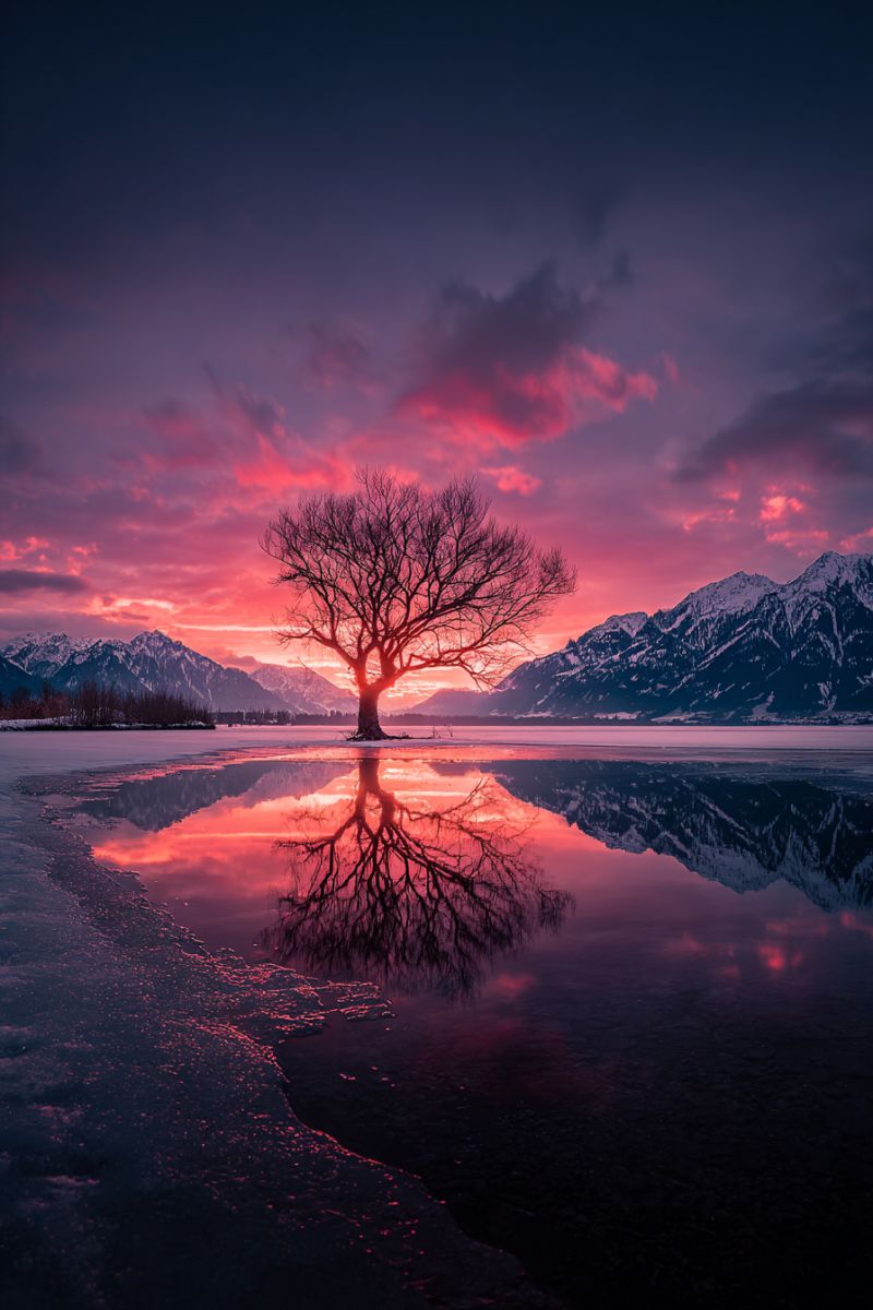 Sunset lake mountains reflection tree sky nature water clouds winter snow frost ice outdoors beauty colorful evening A serene landscape features a solitary tree standing on a frozen lake, its branches bare and silhouetted against a vibrant sunset sky. The sky is a deep purple, transitioning to pink and orange hues, reflecting beautifully on the lake's surface. The reflection of the tree and sky creates a mirror image on the water, adding to the tranquil beauty. In the background, snow-capped mountains rise majestically, their peaks touched by the warm colors of the sunset. The scene is framed by a clear, crisp atmosphere, enhancing the natural beauty of the moment.