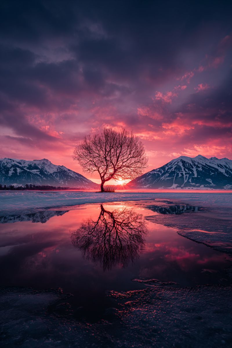 Coucher soleil arbre reflet lac montagnes ciel nuages hiver nature air neige gel froid glacial soiree beaute serein tranquille paisible Un paysage hivernal serein présente un arbre solitaire au centre d'un lac gelé. Le reflet de l'arbre est parfaitement miroir dans l'eau, créant un effet visuel symétrique. Le ciel est un mélange dramatique de violets profonds et de roses, indiquant le soleil couchant. En arrière-plan, des montagnes enneigées s'élèvent majestueusement, leurs sommets captant la dernière lumière du jour. La scène globale est tranquille et pittoresque, avec le jeu de la lumière et de l'ombre ajoutant de la profondeur et de la chaleur à l'image.