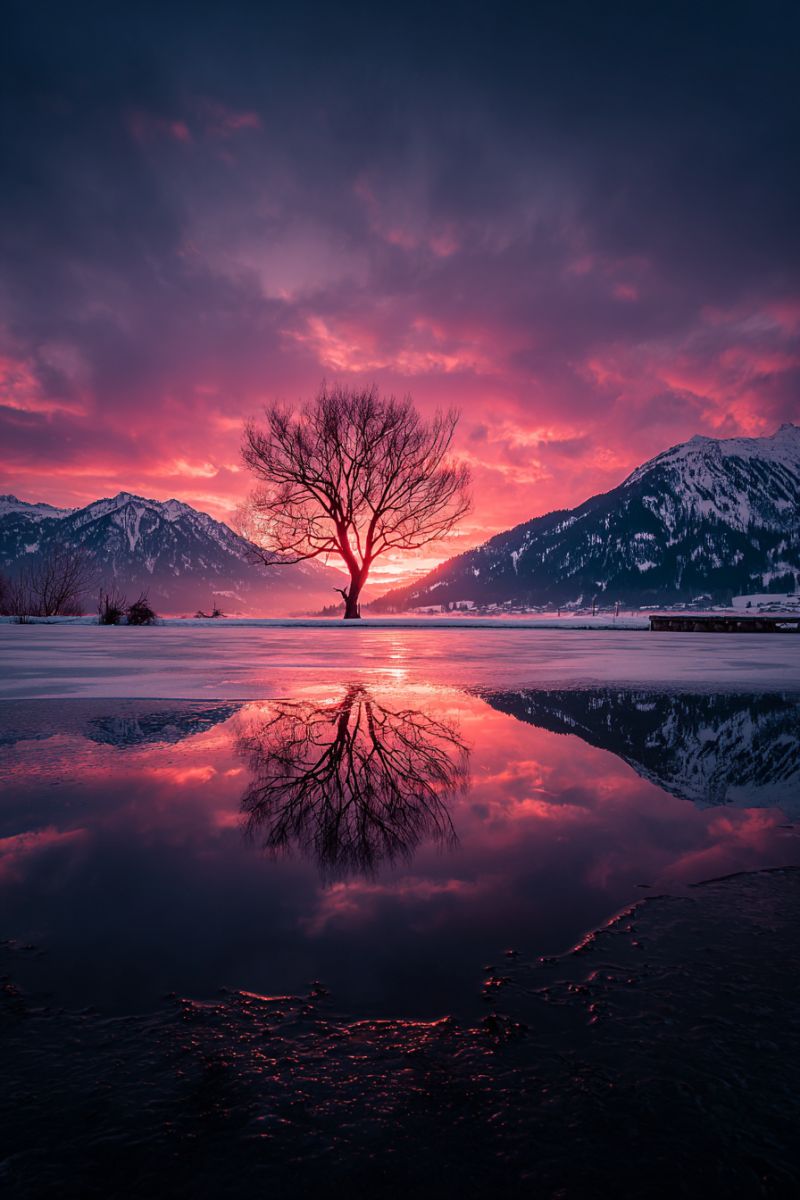 Sunset lake mountain reflection sky tree water nature clouds colorful evening outdoors winter snow horizon calm beauty A serene landscape features a solitary tree standing on a frozen lake, its reflection mirrored perfectly in the water. The sky is a dramatic mix of deep purples and pinks, suggesting a sunset or sunrise. In the background, snow-capped mountains rise majestically, their peaks dusted with snow. The scene is tranquil, with the tree's bare branches silhouetted against the vibrant sky, creating a striking contrast.