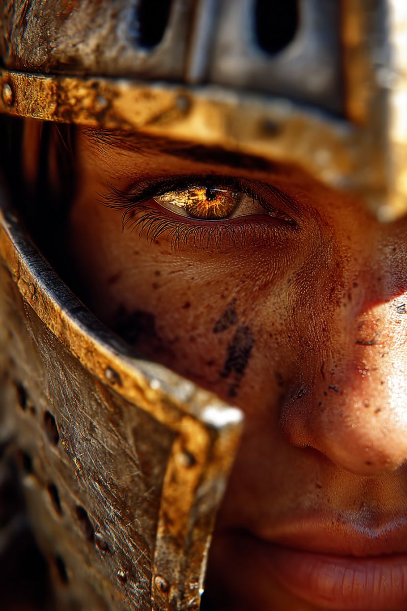 Helmet eye blood dirt metal armor war battle warrior grim determined worn sweat grimy bloodshot intense focused Un gros plan du visage d'une personne portant un casque doré et usé. Le casque a un visor légèrement ouvert, révélant le visage de la personne. Le visage de la personne est sale et a quelques égratignures, avec de la saleté et du sang autour des yeux et du nez. L'oeil de la personne est légèrement ouvert, et l'iris est d'une couleur orange profonde. Le visage de la personne est éclairé par une lumière vive, possiblement du soleil