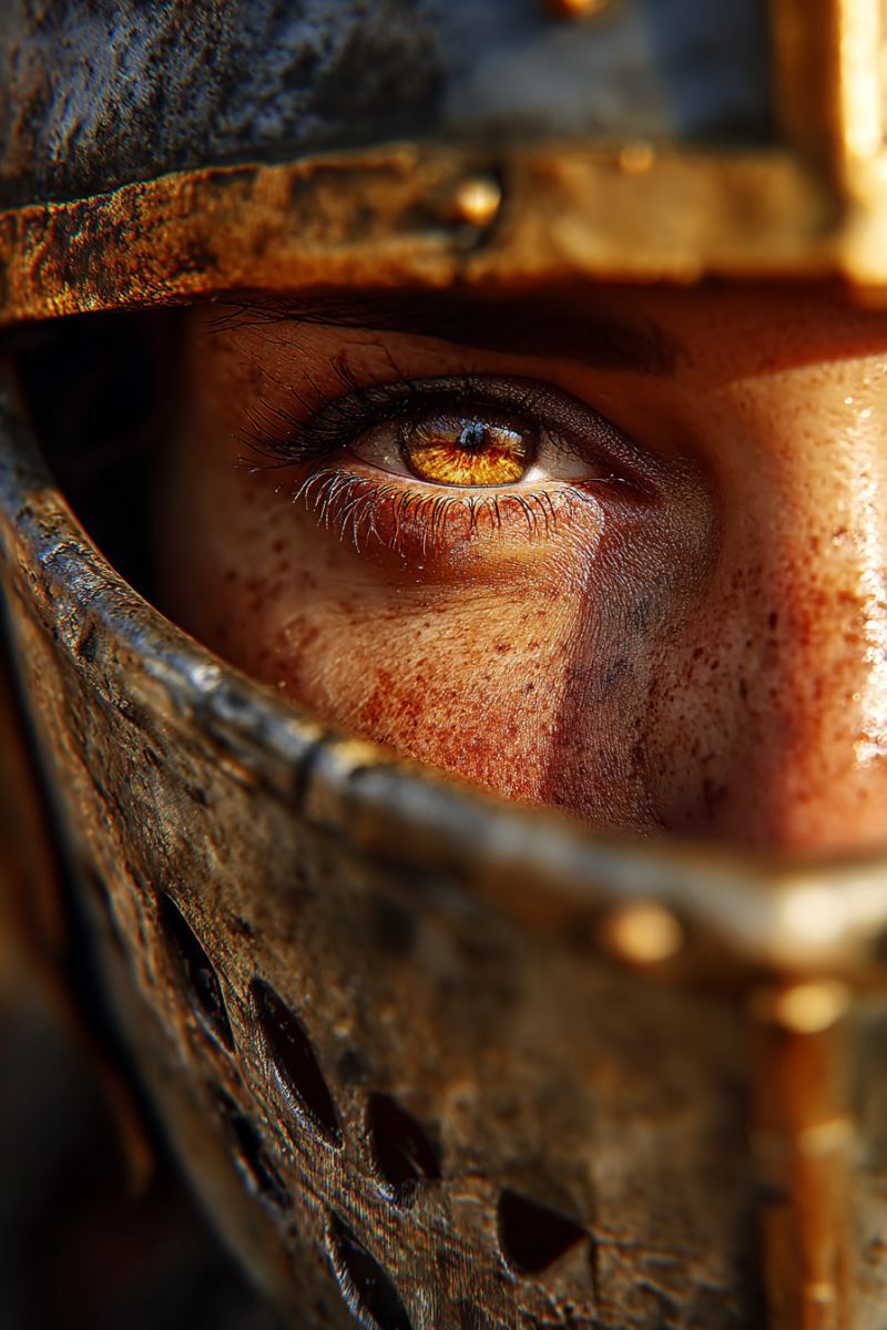 Helmet eye metal armor knight medieval warrior battle protection history chivalry steel vintage texture rust dust blood dirt Une vue rapprochée du visage d'une personne, partiellement obscurci par un casque métallique. Le casque a une teinte dorée et des motifs complexes, avec des rayures visibles et des marques d'usure. Le visage de la personne est légèrement sale, avec des taches brunes et quelques taches de rousseur. Leur oeil est ouvert, révélant une frappante iris jaune avec de longs cils foncés. La peau de la personne semble légèrement bronzée, et ses cheveux sont partiellement visibles, avec quelques mèches tombant sur leur visage. L'arrière-plan est flou, suggérant que la personne est en mouvement ou que l'attention est uniquement portée sur son visage