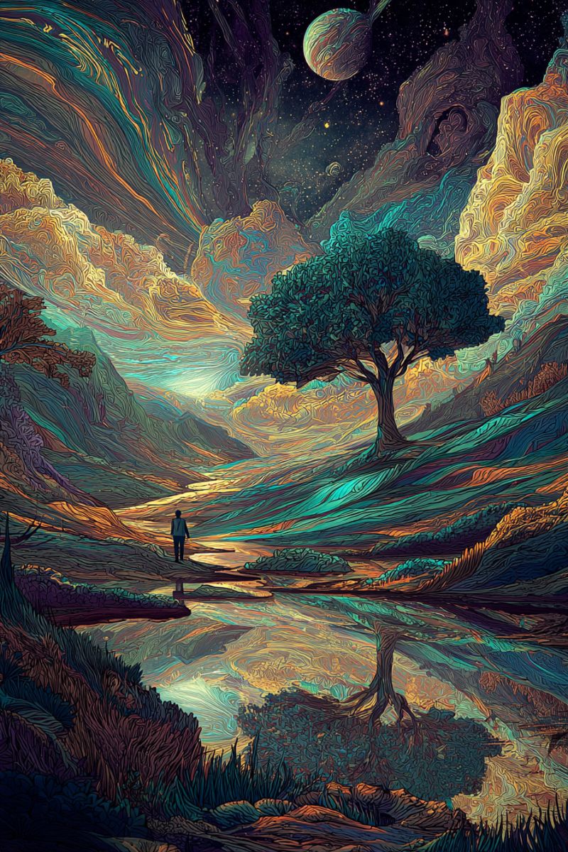 Painting nature tree water reflection sky mountain hill cloud sun shadow texture imagination dream fantasy surreal landscape with a person standing in a valley. The valley is surrounded by hills and mountains, with a large tree in the center. The sky is filled with swirling clouds and stars, and there is a large planet visible in the distance. The colors in the image are vibrant and dreamlike, with shades of blue, green, yellow, and orange. The person standing in the valley is wearing a long coat and appears to be looking up at the sky. The overall mood of the image is one of wonder and awe.