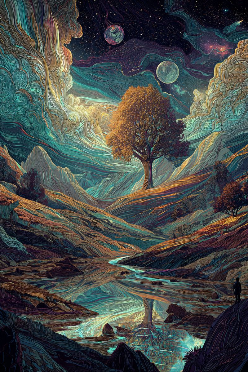 Mountain river tree water night sky clouds stars moon planets universe space fantasy dreamlike colorful imagination The painting depicts a surreal landscape with a large tree in the center, surrounded by mountains and a river. The sky is filled with swirling clouds and celestial bodies, including a large moon and a planet. The colors are vibrant and dreamlike, with shades of blue, green, and orange dominating the scene. The tree's branches stretch out towards the sky, and its reflection can be seen in the river below. The mountains are rocky and jagged, and the river flows gently through the valley. The overall mood of the painting is one of wonder and mystery, as if the viewer is stepping into a fantastical world.
