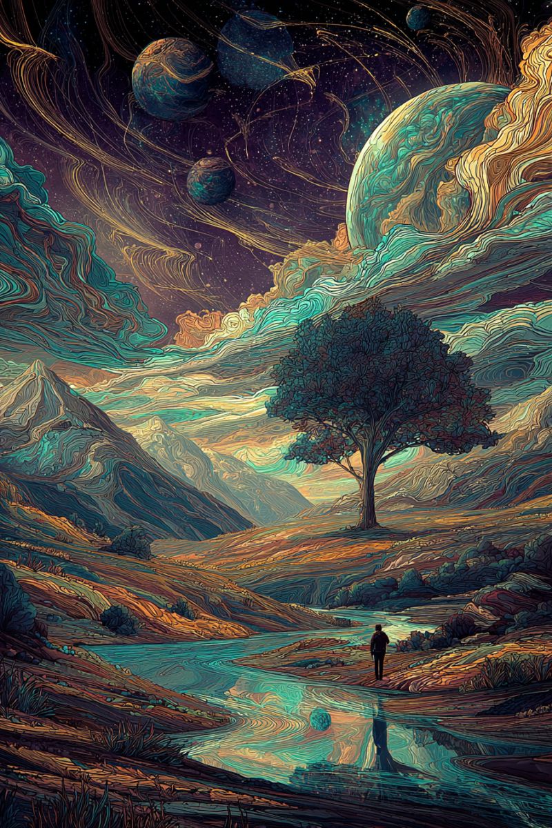 Nuages concept reve onirique terre fantaisie fictionnel galaxie imagination montagnes nuit planete espace Paysage surréaliste avec une personne debout dans une rivière. La rivière est calme et reflète le ciel, qui est rempli de nuages tourbillonnants et de couleurs vibrantes. En arrière-plan, il y a des montagnes avec un mélange de teintes vertes et brunes. Un grand arbre se dresse au milieu du paysage, ses branches s'étendant. Au-dessus de l'arbre, il y a plusieurs planètes dans le ciel, chacune avec des motifs et des couleurs uniques. Le ciel passe des bleus profonds aux teintes plus claires, créant une atmosphère onirique.
