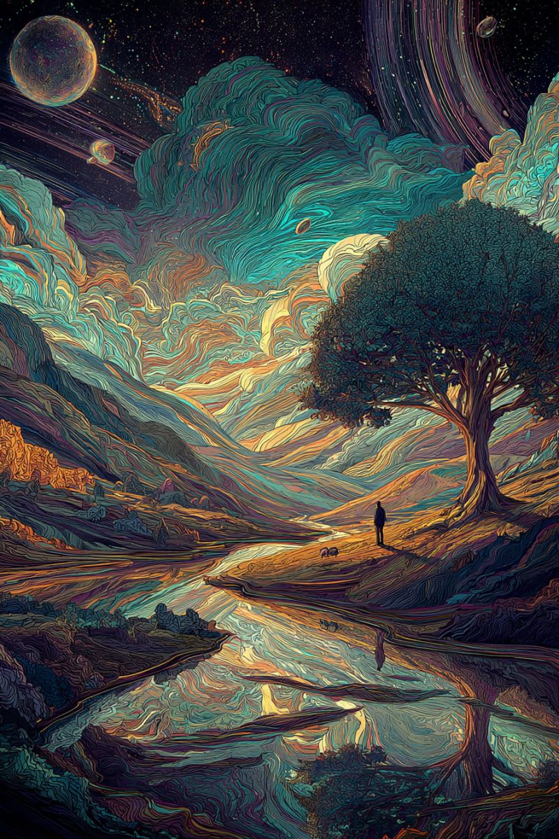 Painting night sky stars moon clouds water tree reflection mountains valley river dog space universe colorful In the foreground, a serene river flows gently, reflecting the vibrant colors of the sky above. The river is bordered by lush greenery, with a large, ancient tree standing proudly on the right side. The tree's branches stretch out, creating a canopy that adds to the tranquil atmosphere. A person, dressed in dark clothing, stands beneath the tree, gazing thoughtfully at the river. The sky is a mesmerizing blend of swirling colors, with hues of blue, purple, and yellow creating a dreamlike effect. In the distance, a majestic mountain range rises, its peaks shrouded in mist. The night sky is adorned with celestial bodies, including a large, glowing moon and distant stars, adding to the ethereal quality of the scene.