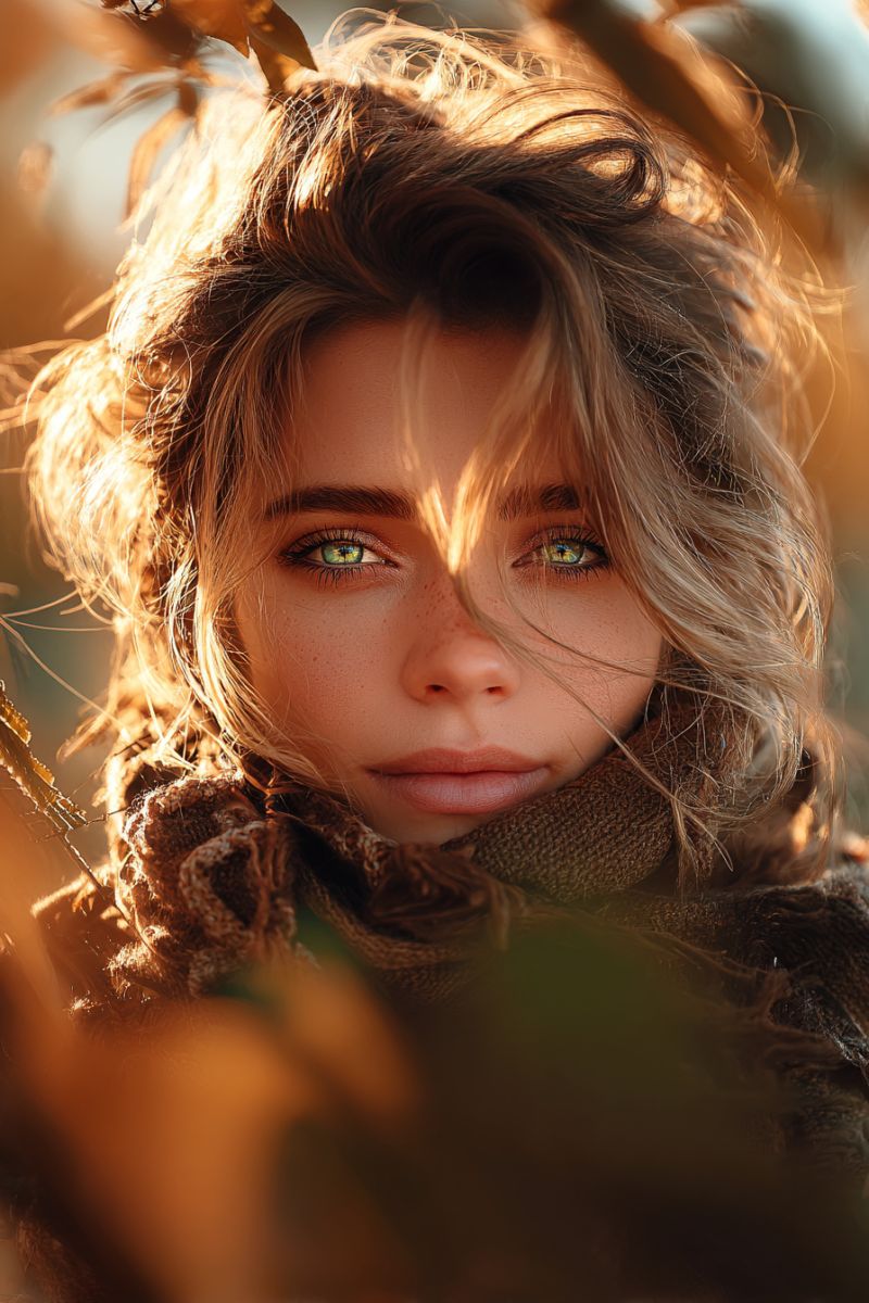 Femme foulard soleil nature air automne feuilles expression beaute Une femme aux cheveux blonds se tient dans un champ d'herbe haute. Elle porte un foulard brun autour de son cou et a une expression sérieuse sur le visage. Ses yeux sont verts et légèrement plissés, et elle a un grain de beauté sur sa joue droite. La lumière brille sur son visage, et l'arrière-plan est flou.