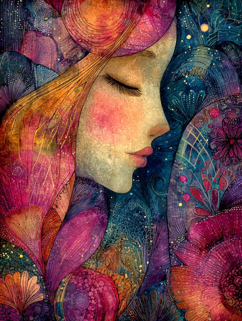 Femme fleur fleurs fantaisie reveur surrealiste imagination beaute design Portrait serein et rêveur d'une femme aux cheveux longs et fluides. Son visage est tourné sur le côté, et elle semble dormir ou être en profonde réflexion. Ses cheveux sont un mélange de couleurs vives, incluant des nuances de rose, orange et jaune, avec des motifs et textures complexes. Le fond est une riche tapisserie de couleurs, incluant des bleus profonds, des violets et des roses, avec des formes abstraites et des motifs floraux. L'effet global est celui du fantastique et du rêve, avec un sentiment de mouvement et d'énergie.