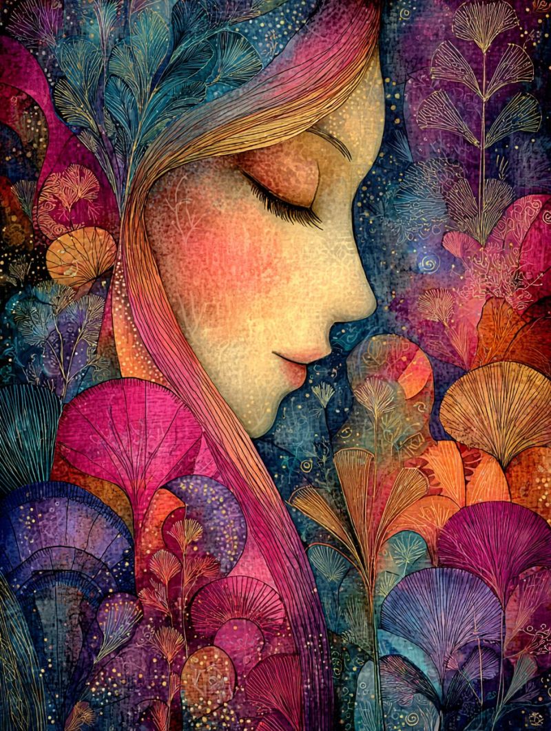 Painting woman flowers floral colorful fantasy dreamlike surreal imagination beauty nature serene and dreamy scene centered around a woman's face. Her face is softly illuminated, with her eyes closed, suggesting a moment of tranquility or deep thought. Her hair flows freely, blending into the vibrant, colorful background. The background is a rich tapestry of abstract, stylized plants and flowers in various shades of pink, purple, orange, and blue. These elements are intricately detailed, with some parts appearing almost metallic or shimmering, adding a magical quality to the scene. The overall composition is harmonious, with the woman's face and hair seamlessly merging with the floral and plant motifs, creating a cohesive and enchanting visual experience.