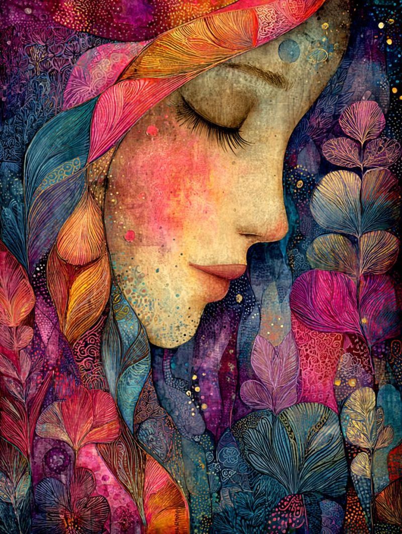 Painting woman beauty colorful fantasy dream dreamy surreal imagination creative modern contemporary serene and mystical portrait of a woman. Her face is turned to the side, and she has her eyes closed, giving an impression of deep thought or meditation. Her hair is long and flowing, adorned with vibrant, multicolored feathers and leaves that blend into the background. The background is a rich tapestry of abstract, colorful patterns that resemble leaves, flowers, and other natural elements. The colors are predominantly purples, pinks, blues, and yellows, creating a dreamlike and fantastical atmosphere. The overall composition is intricate and detailed, with a sense of movement and depth.