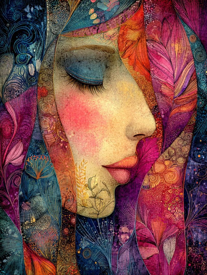 Painting woman colorful fantasy drawing design ideas patterns techniques tutorial stylized, abstract portrait of a woman's face. Her face is surrounded by a vibrant, multicolored veil that is adorned with intricate patterns and designs. The veil is composed of various shapes, including spirals, leaves, and flowers, in shades of blue, pink, purple, and yellow. The woman's face is painted with a soft, dreamy quality, with her eyes closed and her lips slightly parted. The background is a mix of swirling patterns and colors, creating a sense of movement and depth. The overall effect is one of beauty, mystery, and imagination.