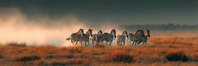 Zebre troupeau courant sauvage prairie poussiere coucher soleil faune nature animal mammifere herbe plaines migration liberte air savane emotion beaut Un troupeau de zèbres court dans un large champ ouvert. Les zèbres sont alignés, faisant face dans la même direction, et leurs pattes sont levées alors qu'ils galopent. Le champ est recouvert d'herbe sèche et comporte quelques petits buissons. Le ciel est couvert et il y a une légère brume dans l'air. Au loin, il y a des arbres et des buissons.