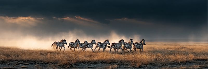 Zebras wild animals wildlife nature herd running grassland savannah storm clouds dust sunlight outdoors freedom migration emotion beauty A herd of zebras is running in a wide, open field. The zebras are in a line, facing the same direction, and their legs are lifted as they run. The field is covered with dry grass, and the ground is dusty. The sky is dark and cloudy, with some light rays shining through the clouds. The zebras' shadows are cast on the ground.