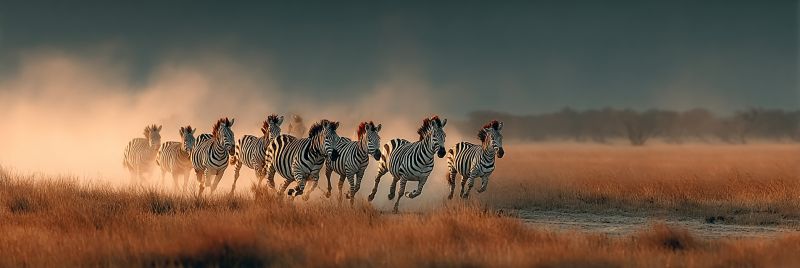 Zebre troupeau course sauvage prairie poussiere soleil nature faune animal mammifere safari liberte vitesse aventure exploration habitat Un troupeau de zèbres court dans un large champ ouvert. Les zèbres sont alignés, la tête baissée et les jambes écartées, indiquant qu'ils courent vite. Le champ est couvert d'herbe sèche, et le ciel est couvert, suggérant que ce pourrait être une journée fraîche. Au loin, il y a des arbres, et le sol est légèrement inégal. Les rayures noires et blanches des zèbres sont clairement visibles, et leurs crinières flottent dans le vent.