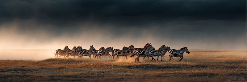 Zebre troupeau sauvage prairie tempete poussiere course nature faune savane animal migration nuages soleil herbe liberte champ ouvert Un troupeau de zèbres court dans un large champ ouvert sous un ciel dramatique. Les zèbres sont alignés, faisant face dans la même direction, avec leurs pattes écartées alors qu'ils galopent. Le ciel est sombre et nuageux, avec une lueur de lumière qui perce, indiquant peut-être le soleil couchant. L'herbe du champ est sèche et dorée, et les ombres des zèbres sont projetées sur le sol. L'atmosphère est intense et dynamique, capturant l'énergie et le mouvement du troupeau.
