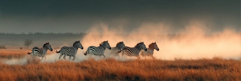 Zebra wild animal wildlife nature grass running herd dust grassland safari outdoors mammal field sky clouds sunlight grassy meadow A herd of zebras is running in a wide, open field. The zebras are in a line, with their heads down and tails up, kicking up dust as they run. The field is covered in tall, dry grass, and the sky is overcast. In the distance, there is a tree and a silhouette of a mountain range.