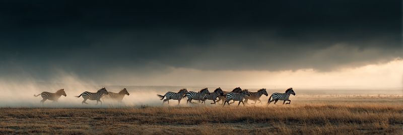 Zebres troupeau courant prairie tempete faune nature savane migration animaux sauvage herbe poussiere nuages soleil liberte Un troupeau de zèbres court dans un vaste champ ouvert sous un ciel sombre et orageux. Les zèbres sont en ligne, courant vers la droite. L'herbe du champ est sèche et brune. Le ciel est rempli de nuages sombres, et il semble qu'il pourrait pleuvoir. Les zèbres ont des rayures noires et blanches, et leurs crinière et queue flottent dans le vent. L'image a une atmosphère dramatique et intense.