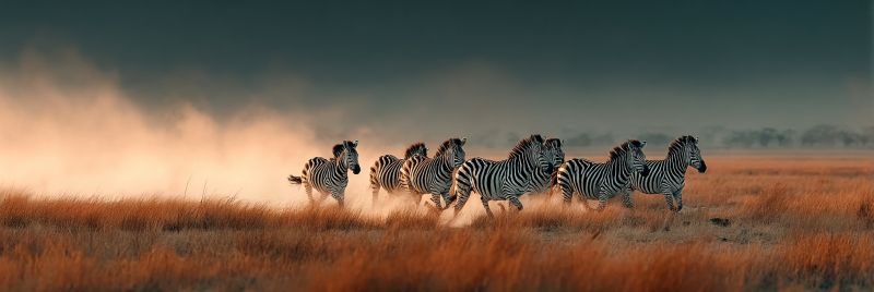 Zebra herd running grassland wildlife nature safari animal mammal grass dust sky outdoors wild freedom migration sunlight shadow motion A herd of zebras is running in a wide, open field with dry grass. The zebras are in a line, facing the same direction, and their legs are lifted as they gallop. The sky is overcast, and there is a light mist in the air. The zebras' black and white stripes are clearly visible. In the distance, there are trees and bushes.