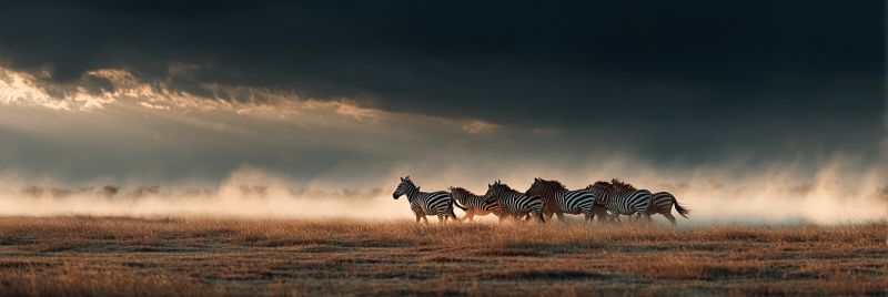 Zebra wildlife animal nature herd grassland savannah behavior conservation habitat sanctuary reserve protection management tourism education awareness A herd of zebras is running in a wide, open field under a dramatic sky. The zebras are in a line, facing the same direction, with their heads down and tails up, indicating they are in motion. The field is covered with dry grass, and the ground is slightly uneven. The sky is dark and cloudy, with a hint of light breaking through the clouds, casting a warm glow on the zebras and the field. The overall atmosphere is one of movement and energy, with the zebras appearing to be in a state of excitement or urgency.