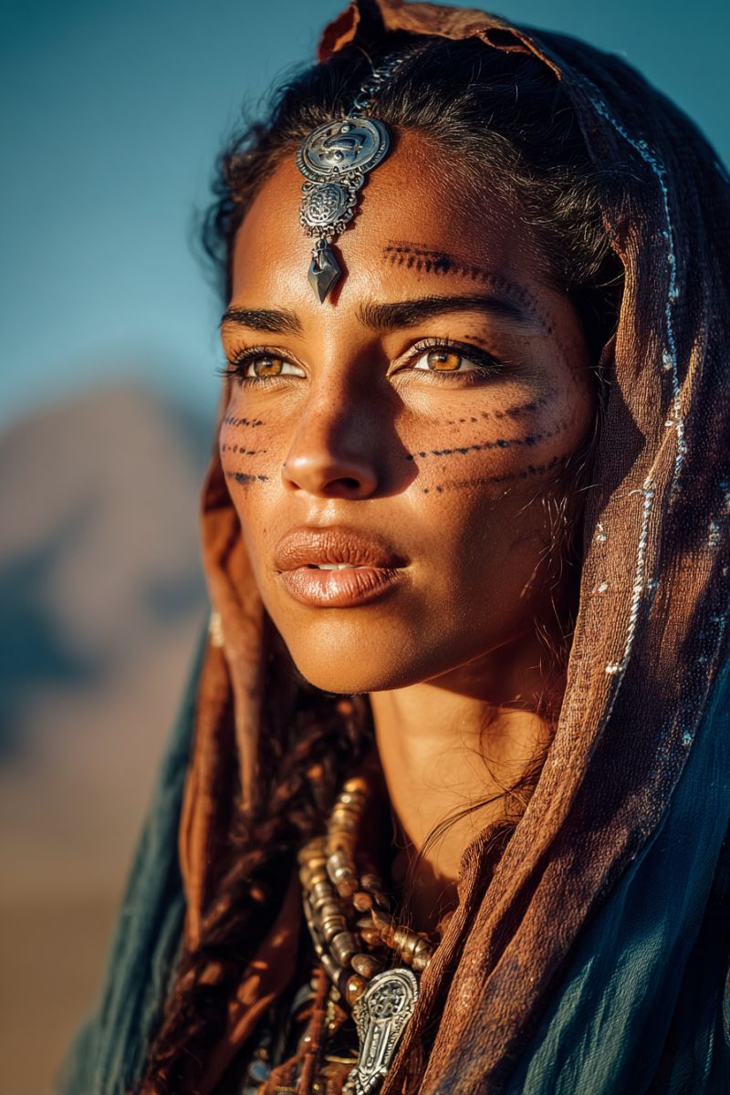 Woman head hairstyle jewelry necklace earring ear earrings scar scarf clothing cloth fabric dress garment apparel attire A woman with dark hair is wearing a brown headscarf and a blue garment. She has intricate black tribal markings on her face, including around her eyes, on her cheeks, and on her forehead. She is adorned with silver jewelry, including a large decorative piece on her forehead and a necklace with a pendant. Her lips are painted in a natural shade, and she has a serious expression. The background is a desert landscape with a clear blue sky.