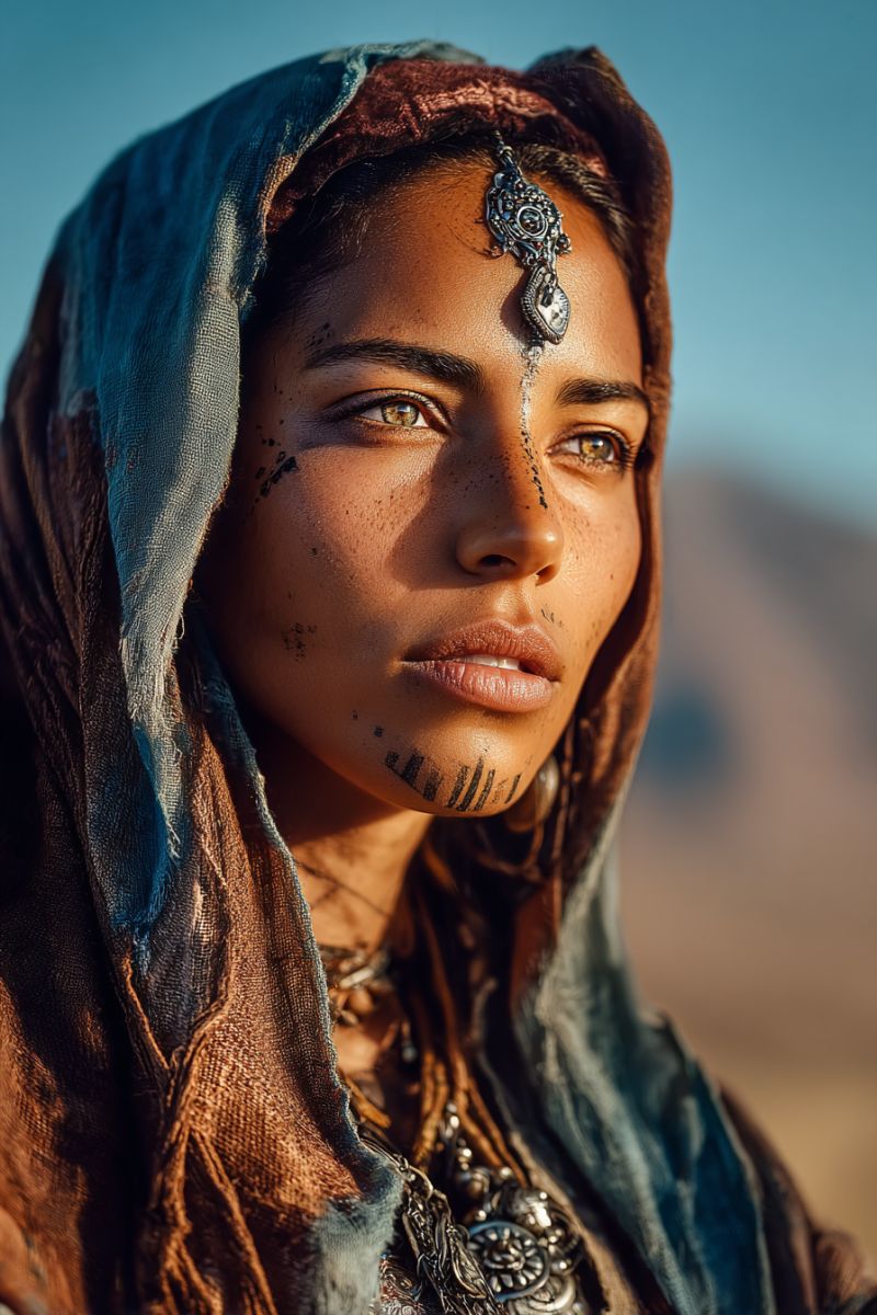 Woman head clothing accessory jewelry earring ear necklace neck scar makeup tattoo eye lip nose desert A woman with a serious expression is standing in a desert-like environment. She has intricate facial tattoos, including a line running down her nose and a pattern on her chin. She wears a blue and brown headscarf with a silver ornament on her forehead. Her eyes are almond-shaped, and she has a mole on her right cheek. The background is blurry, suggesting a vast, open space.